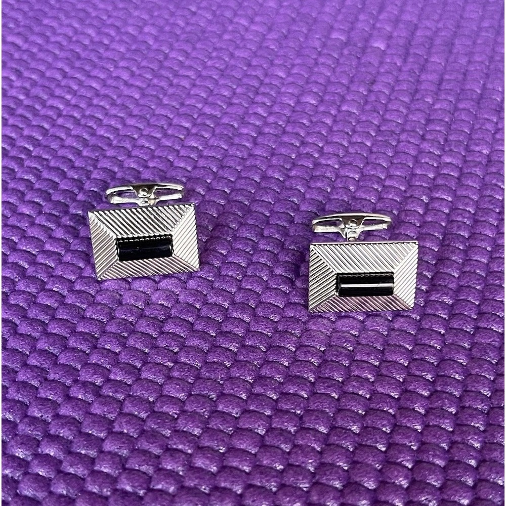 Vintage Silver Tone Cufflinks Rectangular Black Accent Textured Design Men's